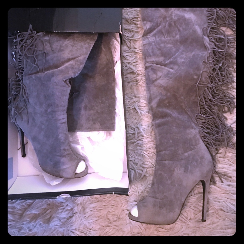 Thigh high gray suede boots